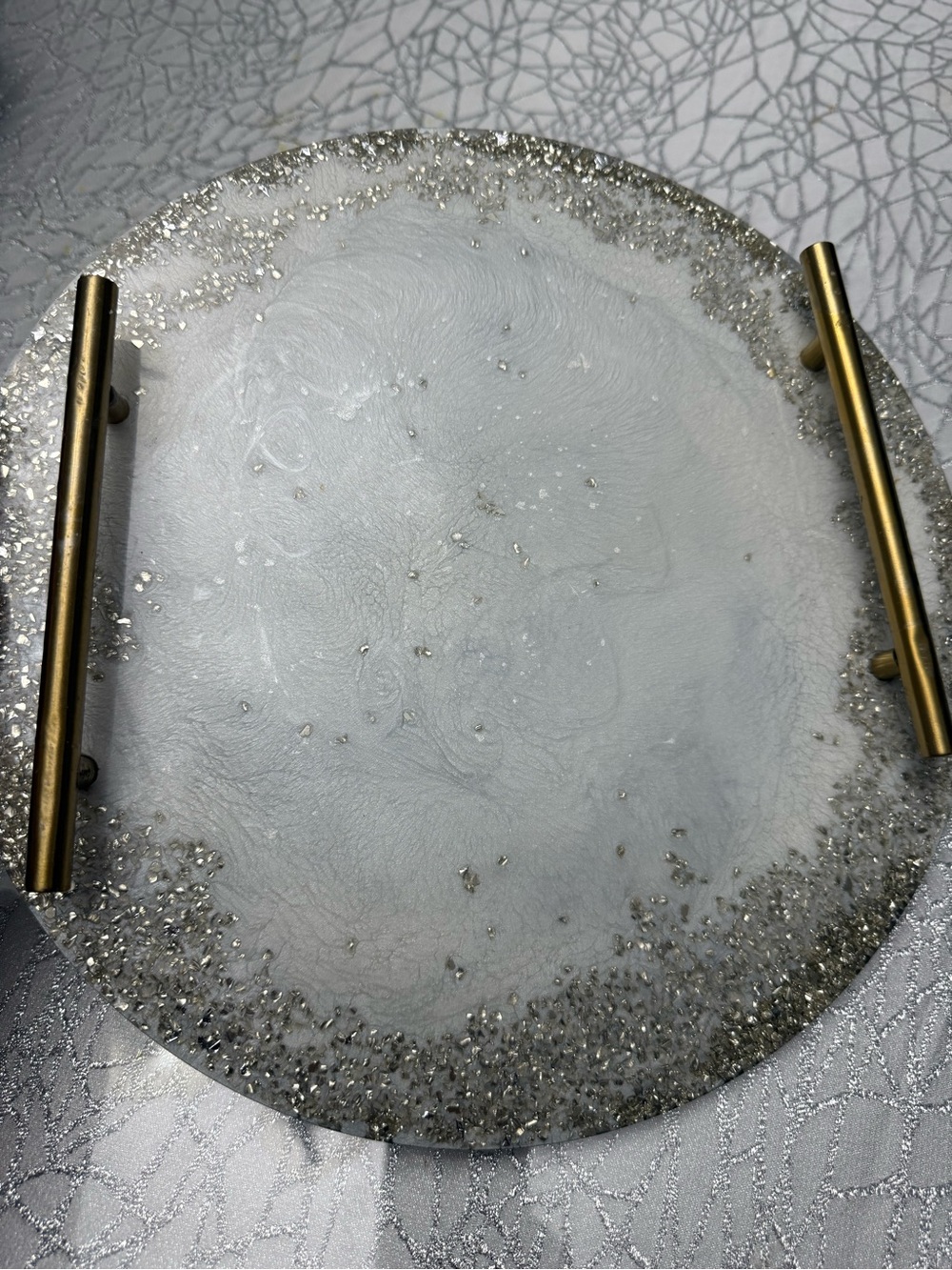 Round Silver Glitter Resin Serving Tray with Brass Handles - Picture 7 of 11